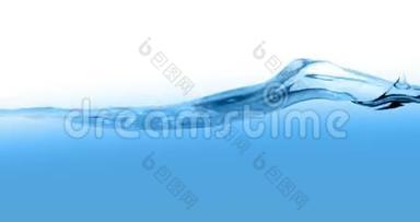 蓝色波浪水，白色背景的水箱中有气泡，运动缓慢，清洁和纯净的概念，医疗保健